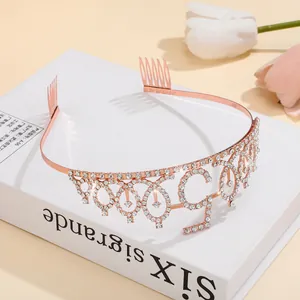 Detail of rose gold number 50 birthday crown headband with sparkling rhinestones