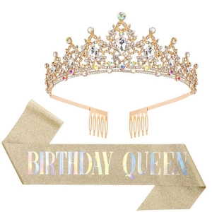 Details von funkelndem Strass-Geburtstag-Tiara und champagner Gold Glitzer Schärpe Set