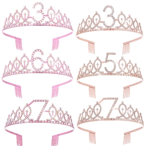 Happy Birthday Tiara Crown For Girls Kids Rhinestone Alloy Headband With Age Number Pink Rose Gold Party Hair Accessories