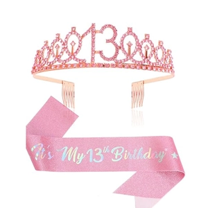 Pink 13th birthday set with rose gold rhinestone tiara and sparkling 'It's My Birthday' sash