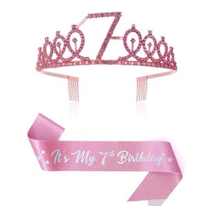 Pink and rose gold birthday set with rhinestone crown and It's My 7th Birthday sash
