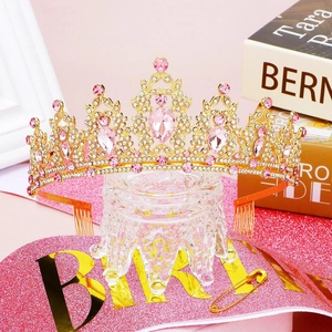 Set aus rosa Strass-Tiara und Geburtstagsschärpe mit Gold-Finish für Partys