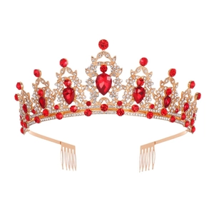 Funkelndes goldnes Geburtstags-Tiara-Set mit roten Strasssteinen und Haarkämmen für Mädchen