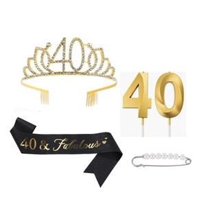 Kit 40e anniversaire avec écharpe Fabulous, couronne dorée et bougies 3D