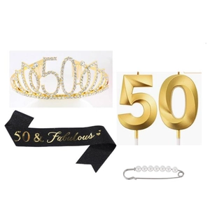 Set 50e Anniversaire avec Tiare Dorée, Écharpe Fabulous, Bougies et Épingle en Perle