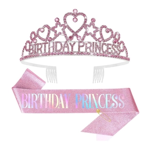 Ensemble Écharpe Anniversaire Princesse et Diadème en Strass pour Femmes Filles Décorations de Fête d'Anniversaire Écharpe Pailletée Couronne en Alliage Cristal