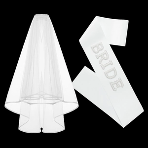 Detail of white double-layer bridal veil and satin sash with pearl Bride lettering
