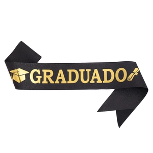 Glittery black GRADUADO graduation sash with gold foil lettering and academic icons