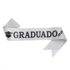 Detail of silver glitter sash with black Graduado text and doctoral cap graphics