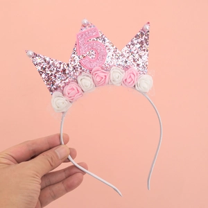 Serre-tête couronne rose pailleté avec numéro 5 et perles pour 5ème anniversaire
