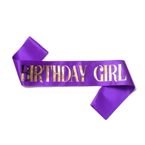 Purple satin Birthday Girl sash with gold foil lettering for women's birthday party