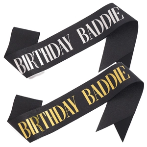 Black birthday baddie sash set with glitter gold and silver foil lettering for party decor
