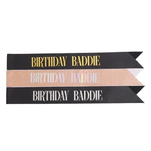 Three-piece Birthday Baddie sash set in black and rose gold glitter fabric