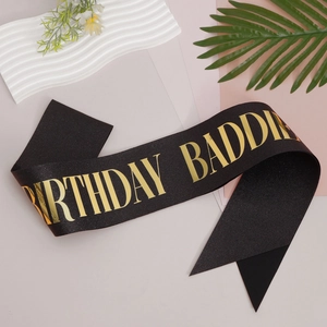 Black glitter Birthday Baddie sash with gold foil lettering for birthday party decor