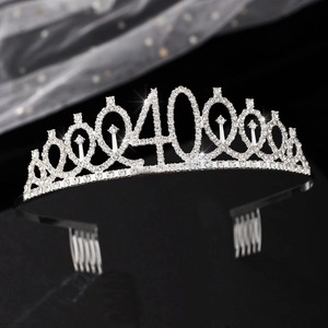 Detailed view of silver crown tiara with number 40 and sparkling white rhinestones