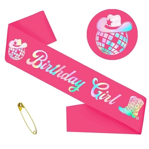Écharpe Birthday Girl Lettrage Pailleté Western Cowboy Disco Party Écharpe en Satin pour Femmes Filles Décoration de Fête d'Anniversaire
