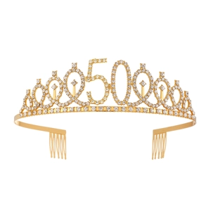 Golden 50th birthday tiara with rhinestones and side combs for women celebration