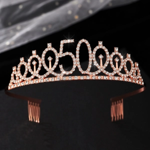 Elegant 50th birthday rose gold crown with white rhinestones and decorative hair combs