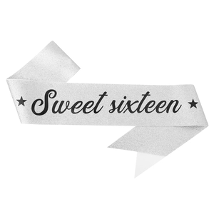 Banda plateada brillante Sweet 16 con letras negras para fiesta de cumpleaños