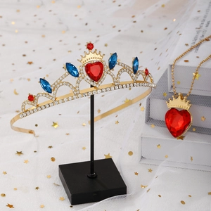 Set tiara da sposa dorata e collana a cuore con rubini rossi e cristalli