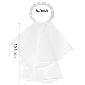 White Rose Flower Crown Veil Layered Tulle Floral Headband With Bow Wedding Hair Accessories For Bride Kids Party Decoration