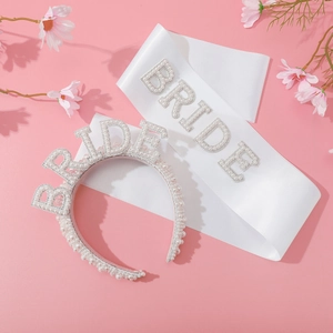 Elegant bridal hen party set featuring pearl BRIDE headband and white satin sash