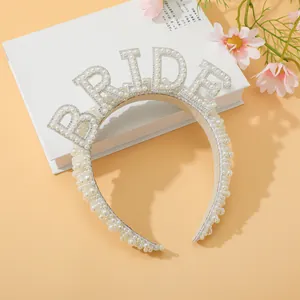 Detail of BRIDE pearl and rhinestone headband for weddings and bachelorette parties