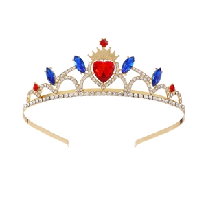 Tiara dorata con cristalli a cuore rossi e zaffiri blu per matrimoni o travestimenti