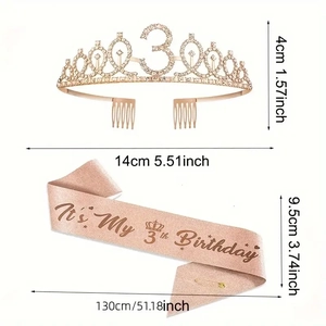 Detailed size chart for kids 3rd birthday rose gold rhinestone crown and glitter sash set