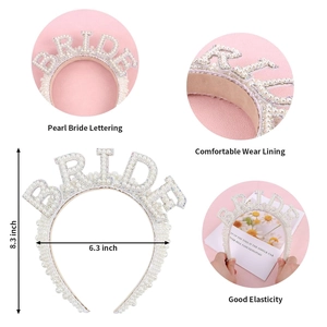Detail of white pearl BRIDE headband showing dimensions and high-elastic comfort lining