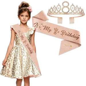 Rose gold 8th birthday girl set with glitter sash, rhinestone crown, and safety pin