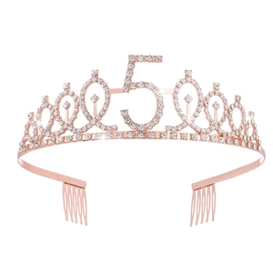 Rose gold glitter crown for 5th birthday party with sparkling rhinestones and hair combs