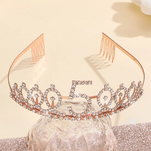Rose gold 50th birthday crown with crystals and sash for party celebration