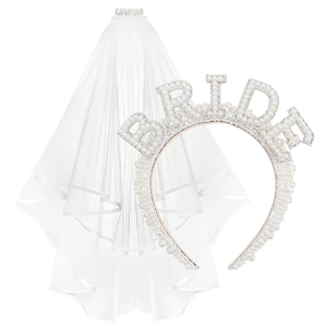 3-piece bridal accessory set with pearl BRIDE headband and multi-layer tulle veil