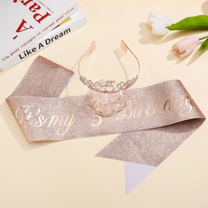 50th Birthday Party Set with Rose Gold Glitter Sash and Rhinestone Crown Tiara