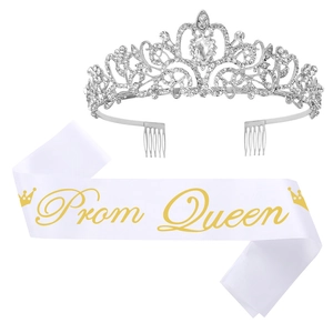 Prom Queen Schärpe und Tiara Für Abschlussfeier Zubehör Silber Strass Legierung Krone Mit Weißer Satin Etikette Schärpe