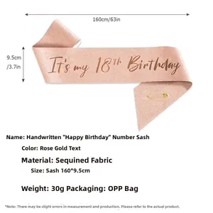 Detail view of rose gold glitter 18th birthday sash with cursive text and safety pin