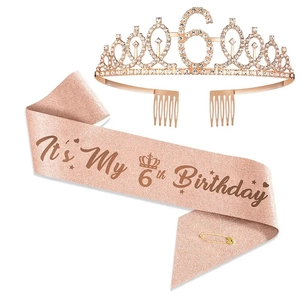 Rose Gold Kids Birthday Tiara And Sash Rhinestone Alloy Crown With Glitter Satin Shoulder Strap For Girls Party Decoration