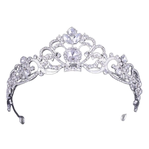 Silver bridal tiara with sparkling crystal rhinestones and elegant filigree patterns