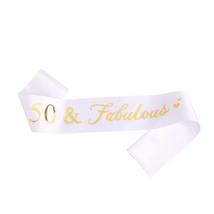 White satin birthday sash with gold 50 & Fabulous lettering and small heart accents