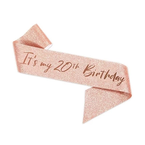 Rose gold glitter birthday sash with black It's my 20th Birthday text for party