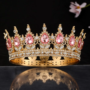 Golden Baroque crown with pink teardrop gemstones and white rhinestones for brides