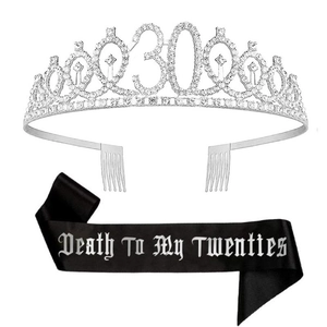 30th birthday crown and black sash set with Death To My Twenties gothic text
