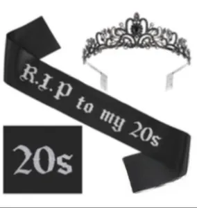 Detail of R.I.P to my 20s black satin sash and black tiara for 30th birthday party set