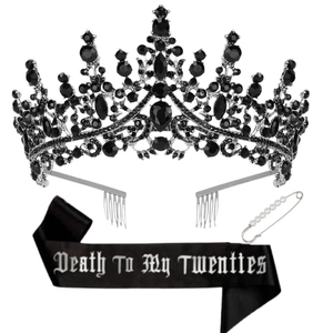 Death To My Twenties black sash with silver crown and pearl pin birthday set