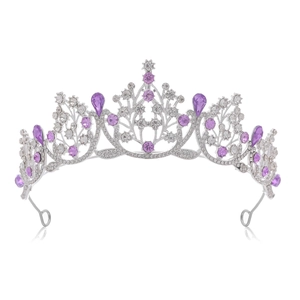 Couronne élégante en argent avec strass violets et motif de feuilles ajourées