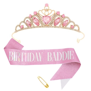 Birthday Baddie Sash And Rhinestone Crown Kit Glitter Fabric Etiquette Belt Alloy Crystal Tiara For Women Party Supplies