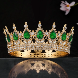 Baroque gold bridal crown with large green crystals and sparkling rhinestones