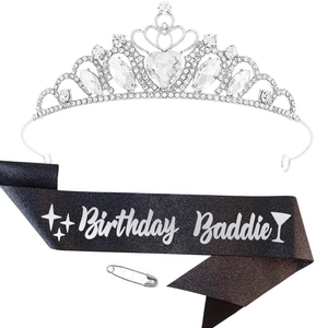 Birthday Baddie set with silver rhinestone crown and black glitter sash for women party