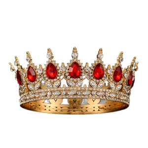 Baroque golden bridal crown with red teardrop rhinestones and white zircon accents